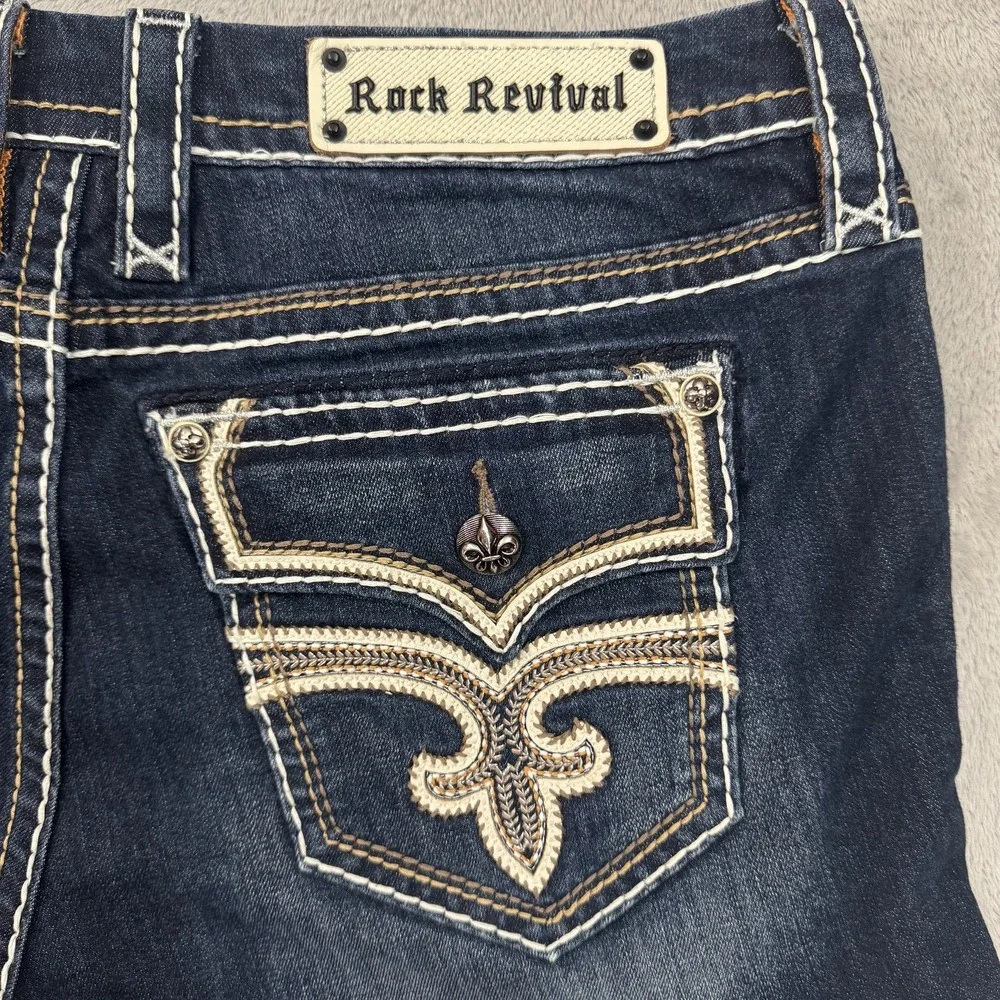 Rock Revival Sukie Shorts Women's 32 Cut Off Denim Fleur De Lis Button Pockets